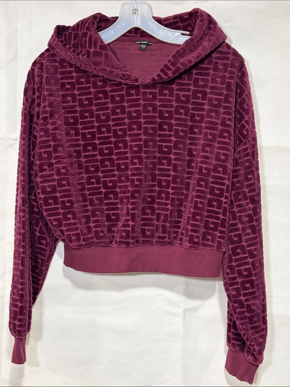 Guess Plush Hooded Crop Sweatshirt in Burgundy